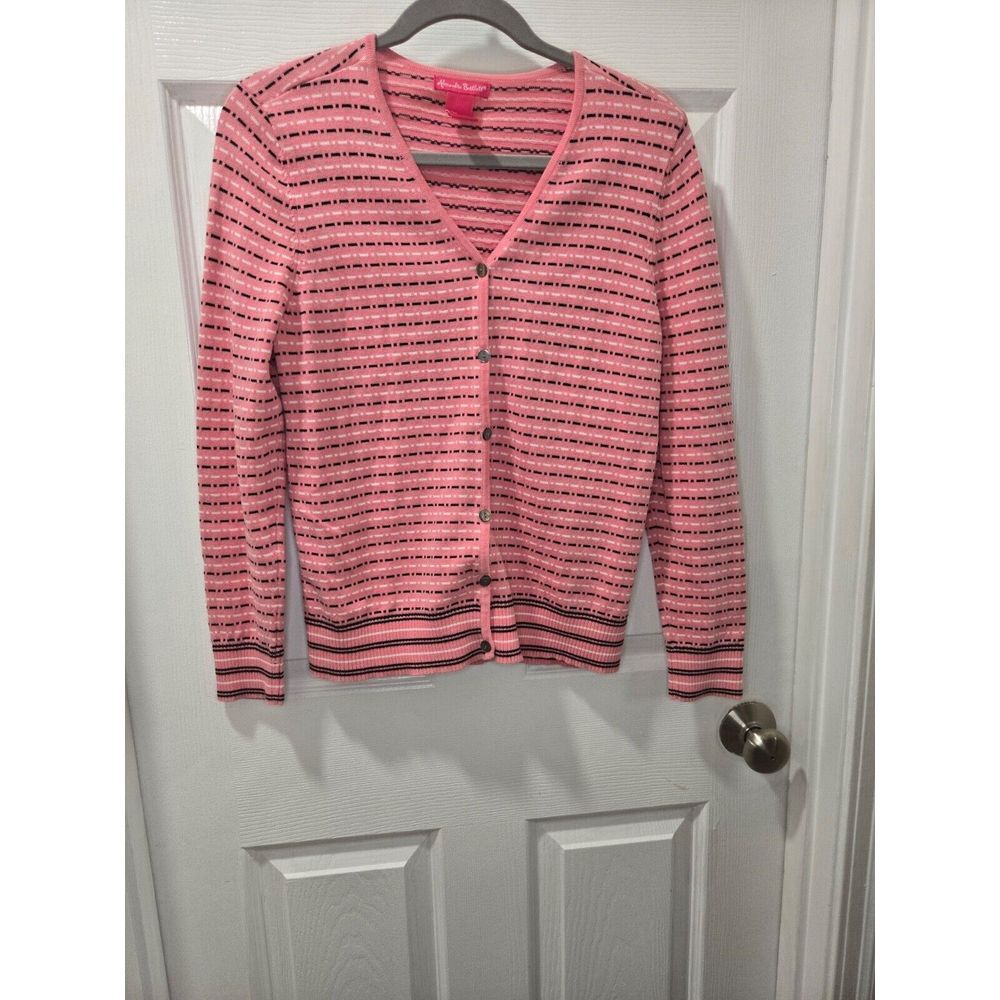 Alexandra Bartlett Pink Black White Dot Dash Stripe‎ 2 pc Sweater Set SZ-M